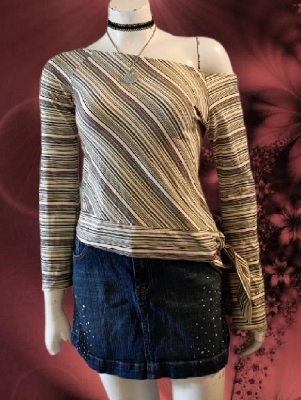 VTG Y2K Wet Seal Multi Color Striped Off Shoulder Tie Waist Long Bell Sleeve Top